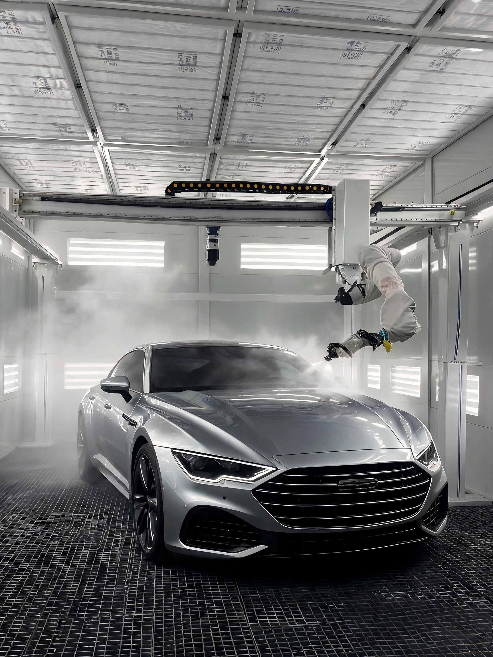 Flawless finish on a silver car sprayed by ROWBOT