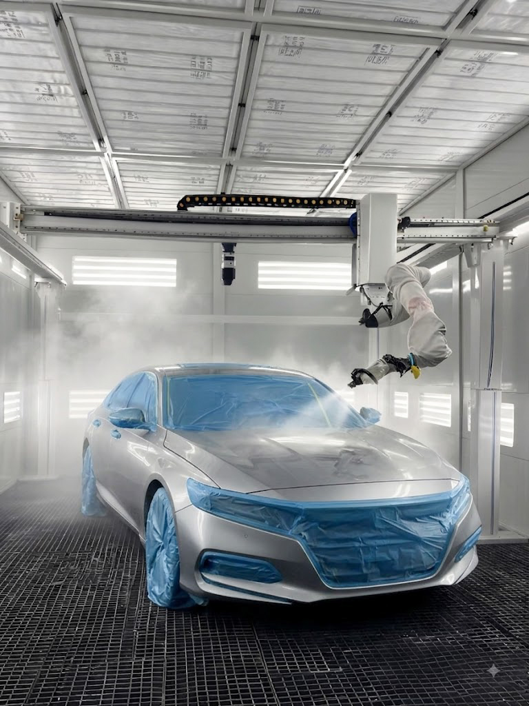 ROWBOT spraying a car in a misted booth